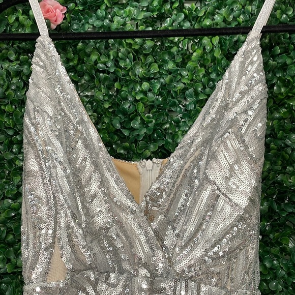 Metallic Silver Sequin Gown with Thigh Slit - Picture 3 of 4